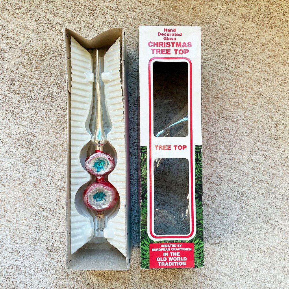 Vintage Germany Indent Red Silver 11" Glass Christmas Tree Topper Feather Medium